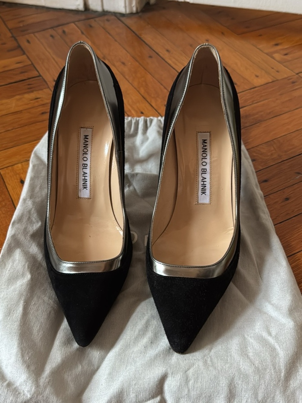 Manolo Blahnik Black Suede Pointed Toe Pumps with Silver Trim